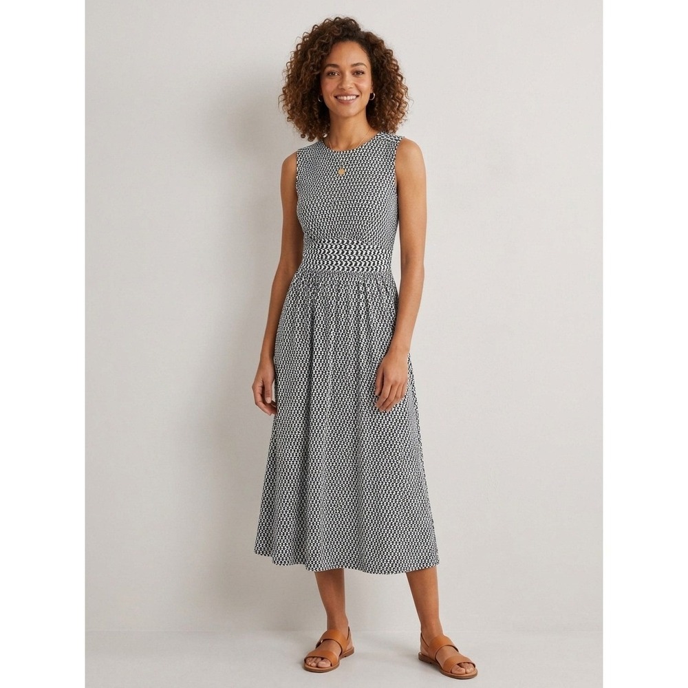 Boden Navy Blue White Geometric Print Sleeveless Midi Jersey Dress 6 NWT Preppy